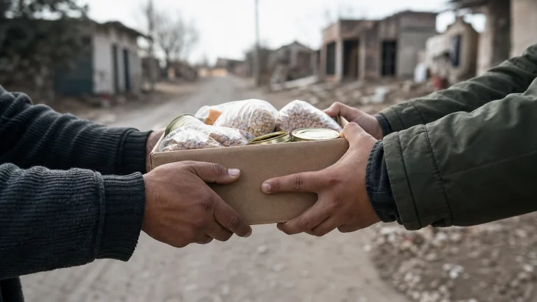 Manos anónimas intercambiando una caja de ayuda en un gesto de solidaridad, con un fondo difuminado de una calle deteriorada o un paisaje desolado que sugiere la necesidad.