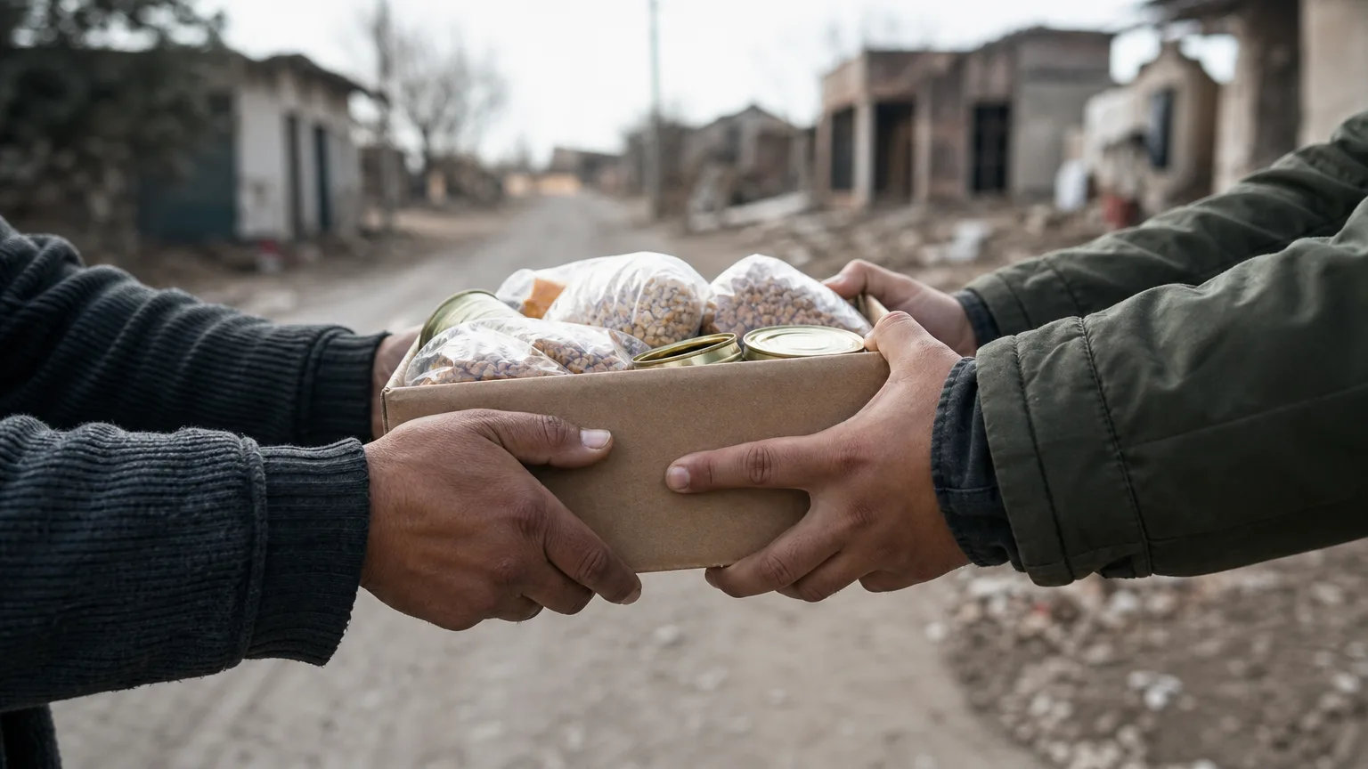 Manos anónimas intercambiando una caja de ayuda en un gesto de solidaridad, con un fondo difuminado de una calle deteriorada o un paisaje desolado que sugiere la necesidad.