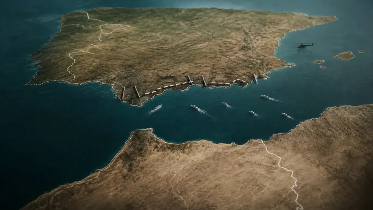 Representación conceptual de la frontera sur de España, con un mapa y elementos gráficos que simbolizan el narcotráfico y la debilidad en la vigilancia marítima.