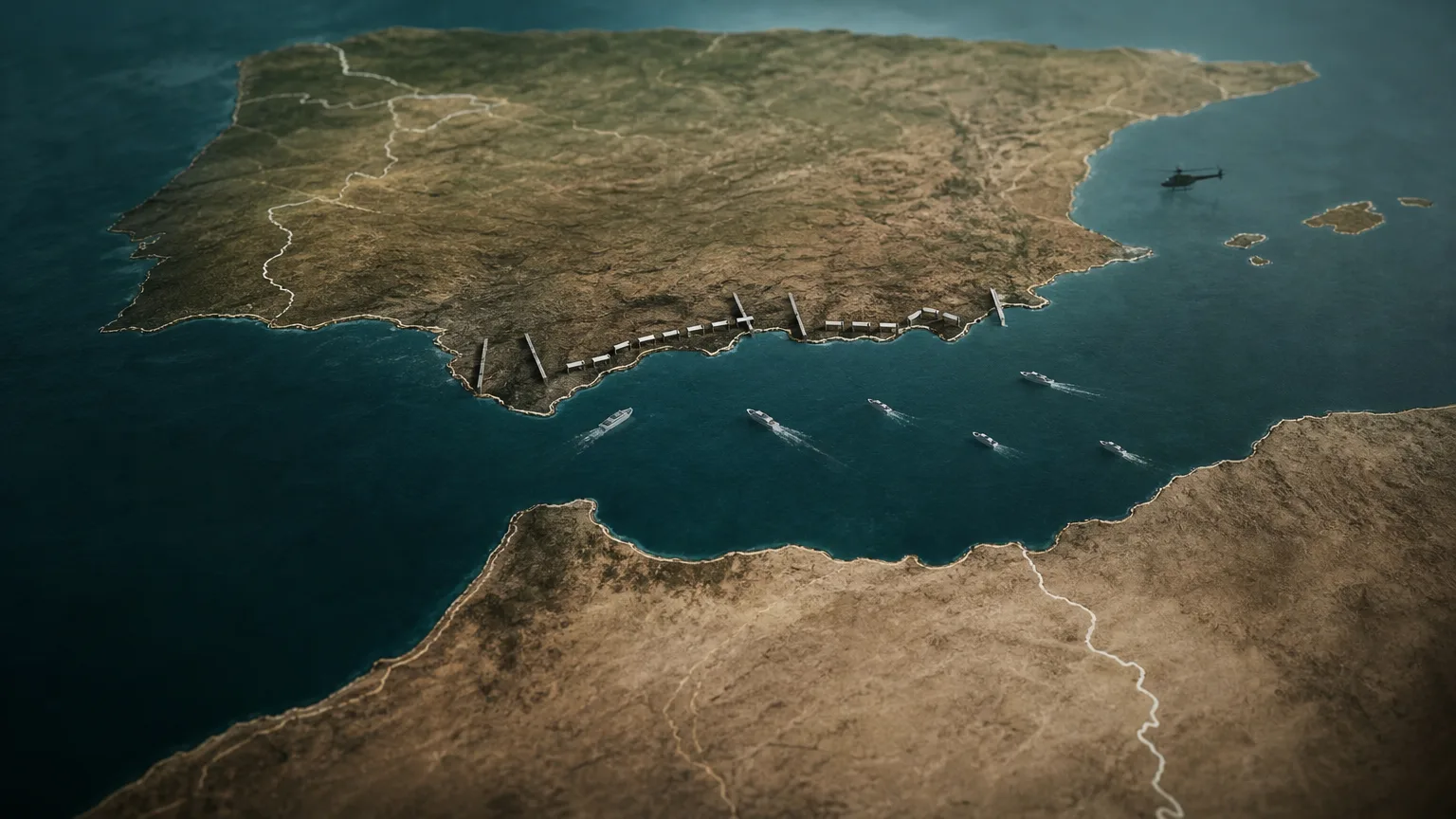 Representación conceptual de la frontera sur de España, con un mapa y elementos gráficos que simbolizan el narcotráfico y la debilidad en la vigilancia marítima.