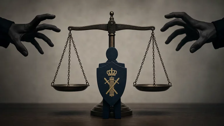 Representación conceptual de la UCO como un pilar que protege las balanzas de la justicia de sombras políticas que intentan manipularlas.