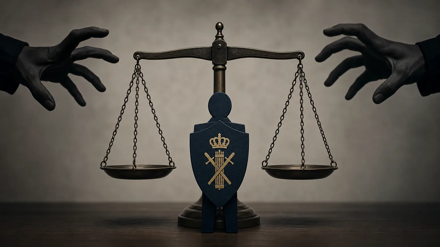 Representación conceptual de la UCO como un pilar que protege las balanzas de la justicia de sombras políticas que intentan manipularlas.