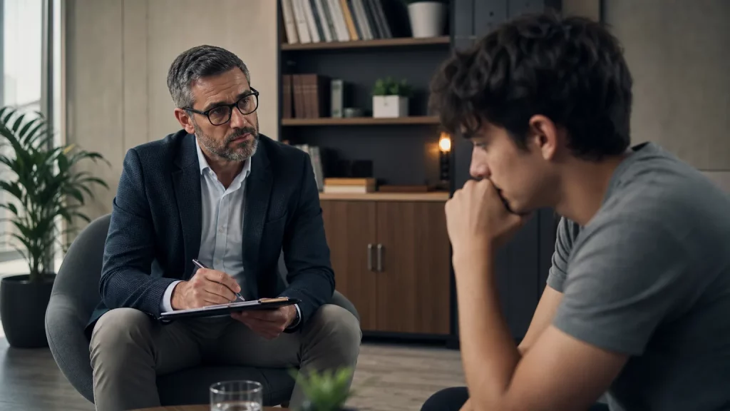 Un consultorio médico moderno con un psicólogo de mediana edad conversando seriamente con un joven de unos 20-25 años, quien parece absorto en sus pensamientos. La luz es tenue y el ambiente sugiere introspección.