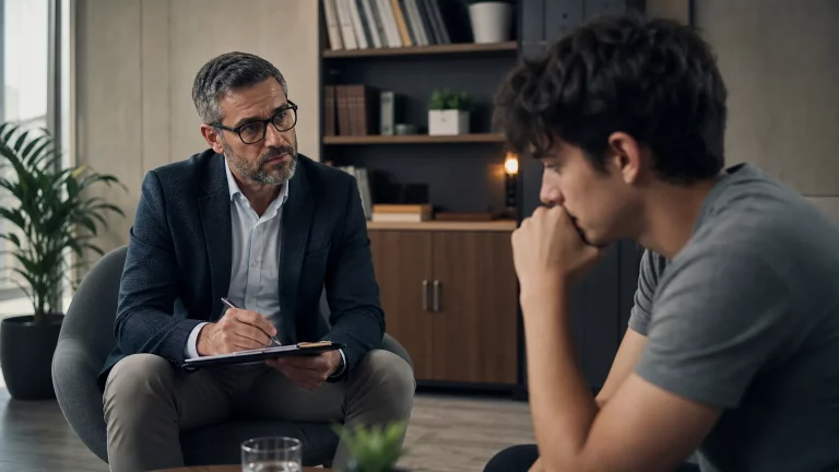 Un consultorio médico moderno con un psicólogo de mediana edad conversando seriamente con un joven de unos 20-25 años, quien parece absorto en sus pensamientos. La luz es tenue y el ambiente sugiere introspección.