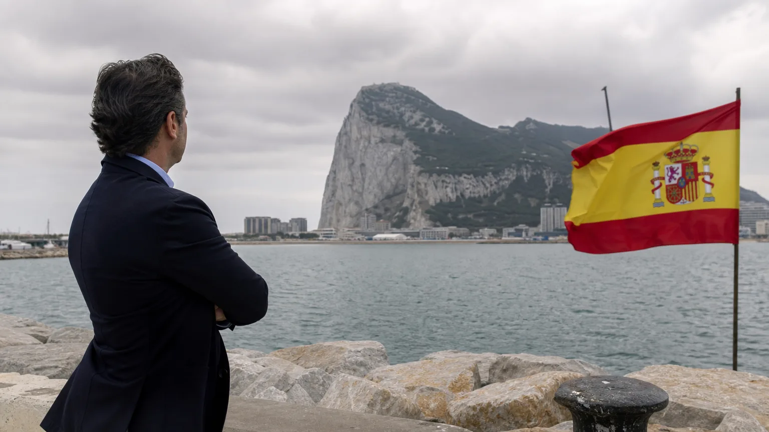Un empresario español observa la costa de Gibraltar con una bandera de España al viento