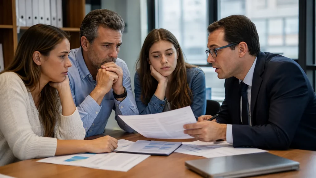 Un grupo de personas, algunas con rostros de preocupación, sentadas alrededor de una mesa consultando documentos con un asesor financiero, que les explica opciones legales. La escena sugiere un ambiente de búsqueda de soluciones y esperanza ante dificultades económicas.