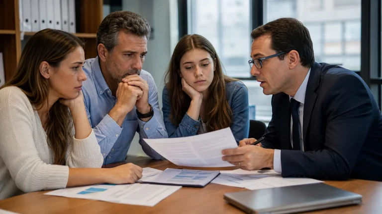 Un grupo de personas, algunas con rostros de preocupación, sentadas alrededor de una mesa consultando documentos con un asesor financiero, que les explica opciones legales. La escena sugiere un ambiente de búsqueda de soluciones y esperanza ante dificultades económicas.