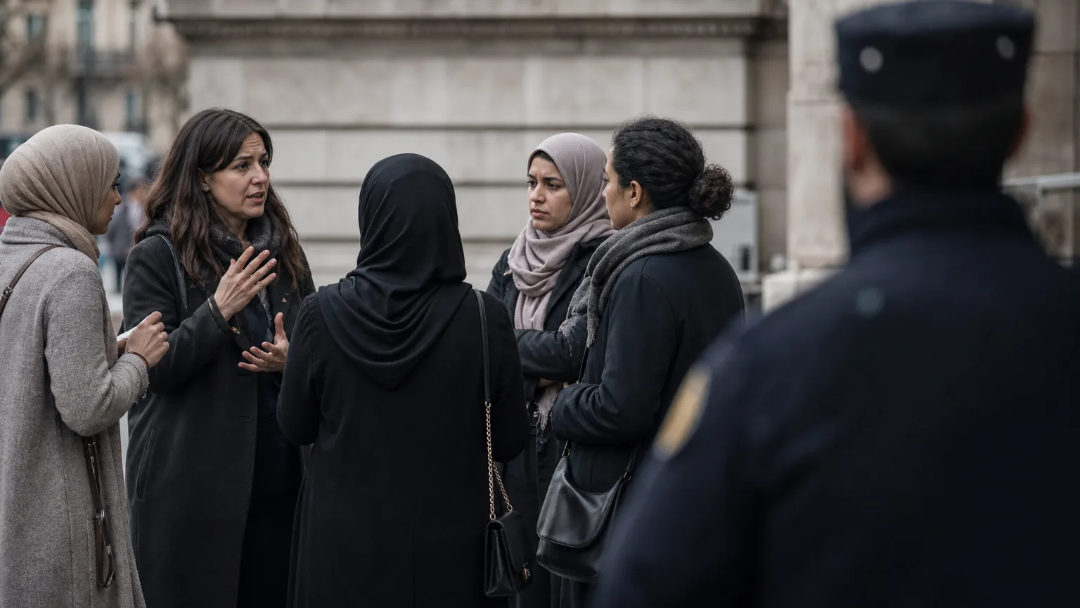 Composición editorial sobria de varias mujeres de diferentes orígenes en un espacio público europeo, con algunas llevando velos y otras no, y la silueta desenfocada de una figura de autoridad observando, simbolizando el debate sobre la libertad y la seguridad.