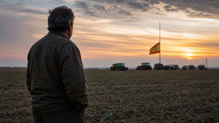 Composición editorial de un agricultor con el rostro cansado, observando un campo de cultivo bajo un cielo gris, simbolizando la desesperanza del sector primario.