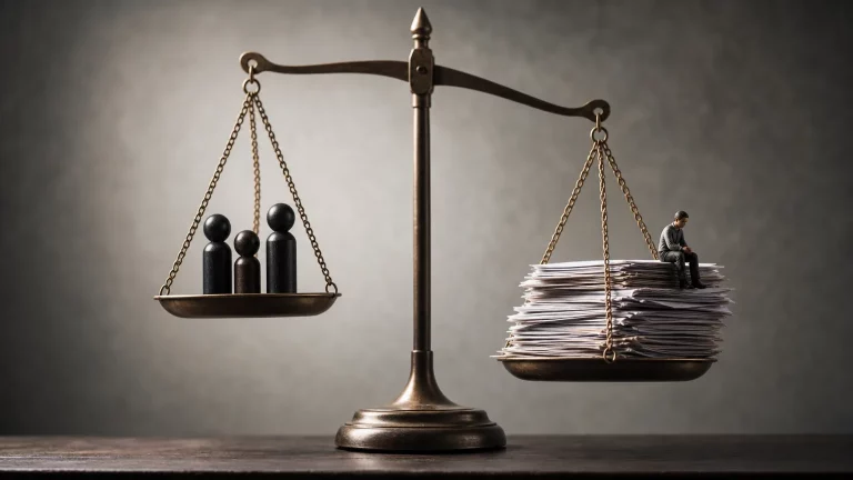 Balanza de la justicia inclinada por una mano invisible, con siluetas de figuras políticas y documentos legales borrosos al fondo.