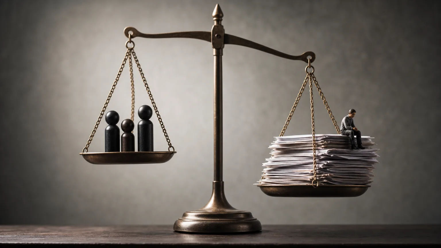 Balanza de la justicia inclinada por una mano invisible, con siluetas de figuras políticas y documentos legales borrosos al fondo.