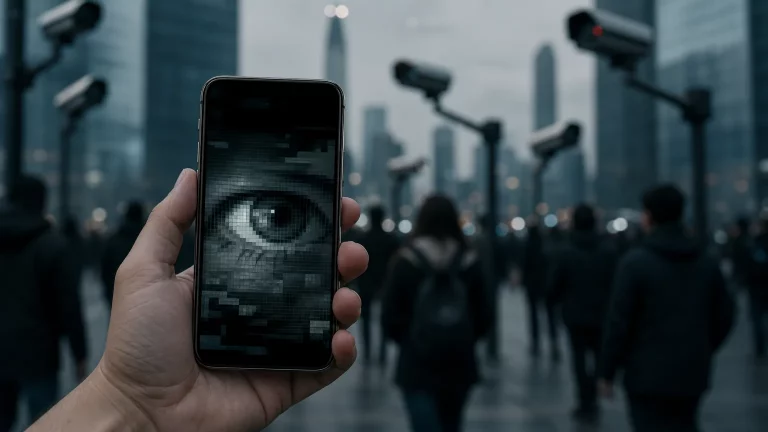 Silueta de una persona utilizando un teléfono móvil, con una red de líneas digitales y ojos superpuestos que simbolizan la vigilancia y el control de la privacidad en las comunicaciones digitales.