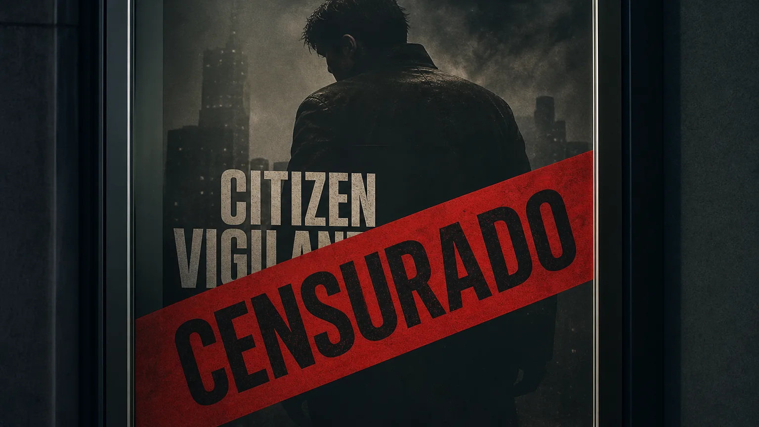 Representación conceptual de un cartel de cine de la película 'Citizen Vigilante' con una gran franja de 'CENSURADO' sobreimpresionada, simbolizando la prohibición en Europa.