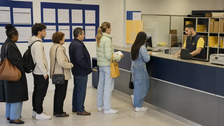 Oficinas de Correos con personas haciendo fila para trámites, simbolizando la prórroga para inmigrantes sin documentación.