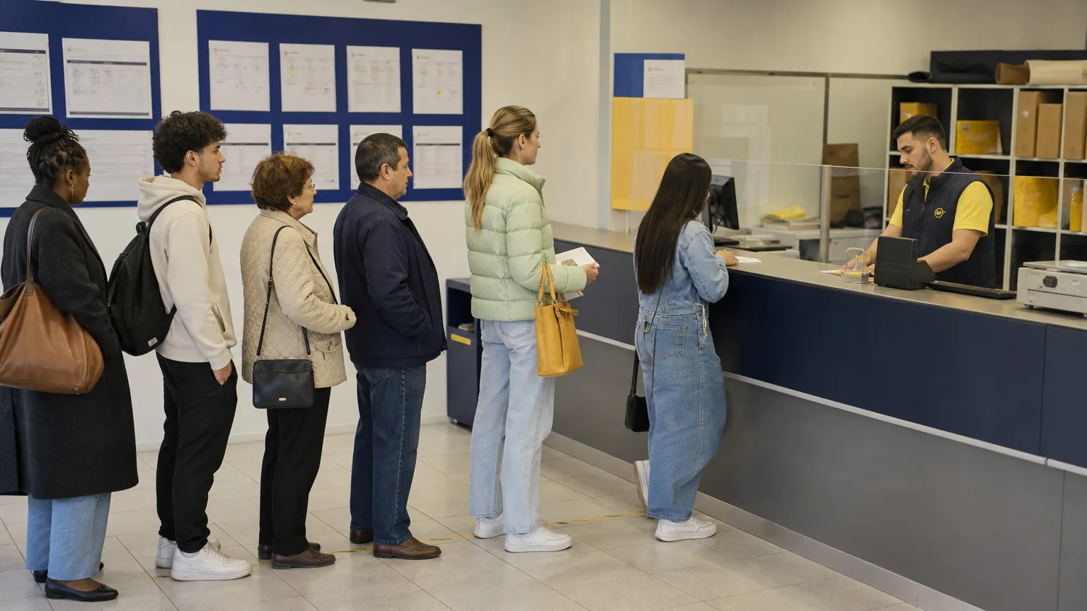 Oficinas de Correos con personas haciendo fila para trámites, simbolizando la prórroga para inmigrantes sin documentación.