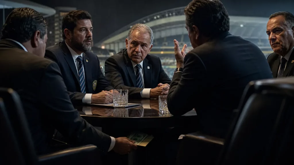 Representación editorial de la corrupción en el fútbol con un estadio y manos intercambiando dinero, con la bandera de Marruecos de fondo.