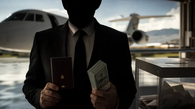 Una figura con traje y corbata, con el rostro oculto por una sombra, sostiene un pasaporte y un fajo de billetes, mientras al fondo se vislumbra un avión Falcon y una urna electoral.