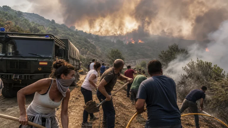 Bomberos voluntarios y vecinos luchando contra un incendio forestal, mientras al fondo se ve un vehículo de la UME inactivo