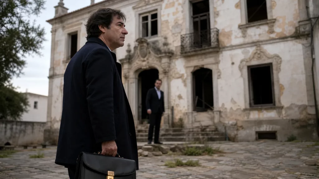 Composición editorial sobria: un hombre de perfil, con rasgos que recuerdan a David Sánchez, de pie frente a un palacete en ruinas en la ciudad de Elvas, Portugal. Un maletín discretamente visible en su mano, y la silueta borrosa de otro hombre, Víctor de Aldama, en un segundo plano, sugiriendo una conexión velada.