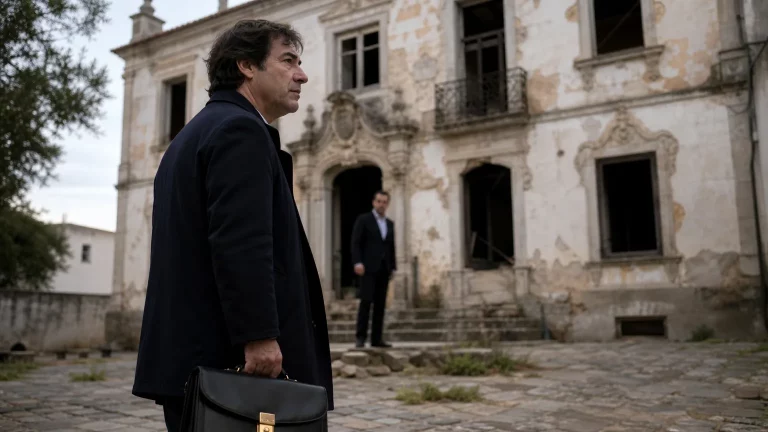 Composición editorial sobria: un hombre de perfil, con rasgos que recuerdan a David Sánchez, de pie frente a un palacete en ruinas en la ciudad de Elvas, Portugal. Un maletín discretamente visible en su mano, y la silueta borrosa de otro hombre, Víctor de Aldama, en un segundo plano, sugiriendo una conexión velada.
