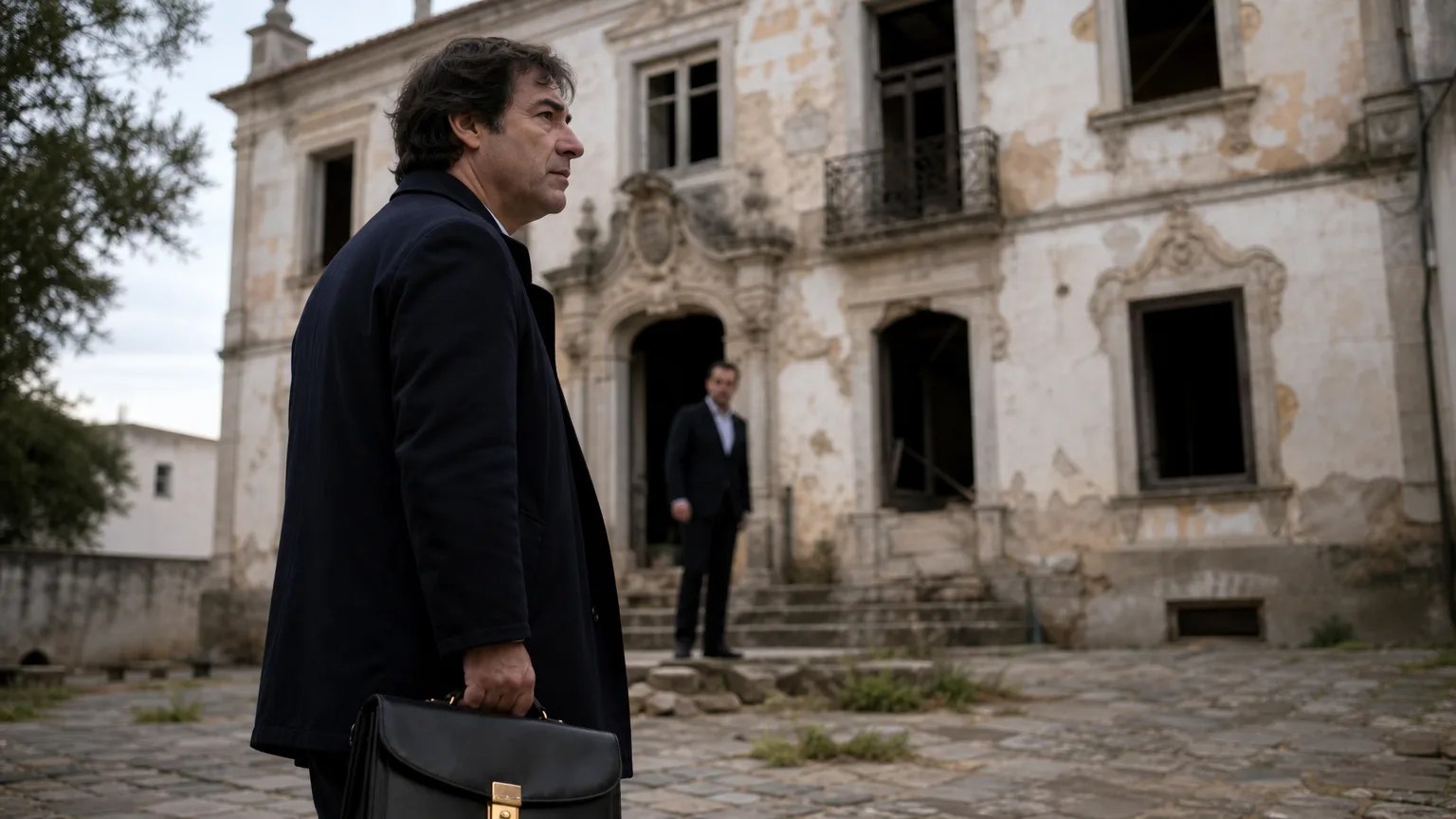 Composición editorial sobria: un hombre de perfil, con rasgos que recuerdan a David Sánchez, de pie frente a un palacete en ruinas en la ciudad de Elvas, Portugal. Un maletín discretamente visible en su mano, y la silueta borrosa de otro hombre, Víctor de Aldama, en un segundo plano, sugiriendo una conexión velada.