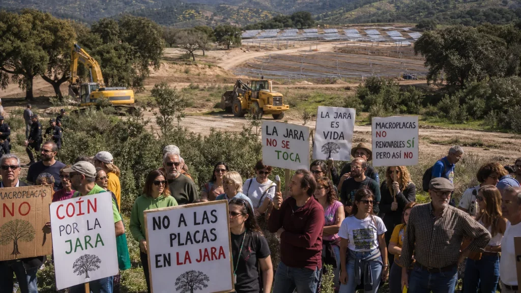 Vecinos de Coín, Málaga, manifestándose en un paraje natural con encinas y vegetación, con pancartas que denuncian la instalación de macroproyectos fotovoltaicos y la destrucción de La Jara. Al fondo, maquinaria pesada y paneles solares en construcción. Algunos manifestantes portan carteles con eslóganes como 'No a las placas en La Jara'.
