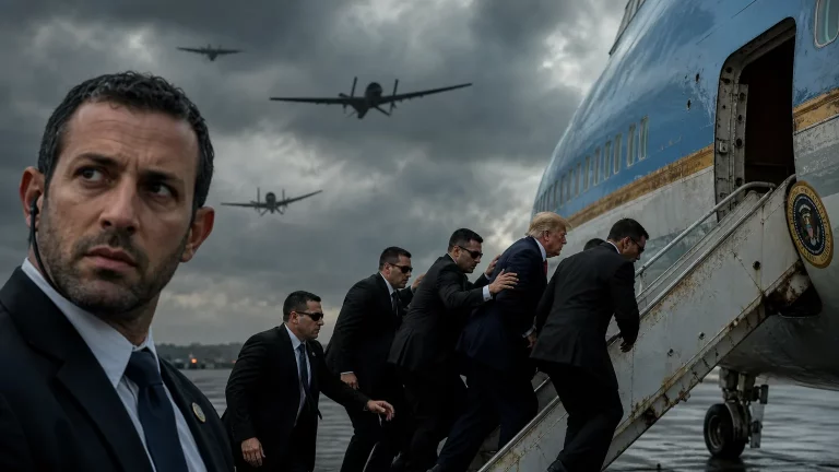 Donald Trump descendiendo del antiguo Air Force One, con un dron iraní Shahed 136 en el cielo al fondo, simbolizando el intento de ataque.