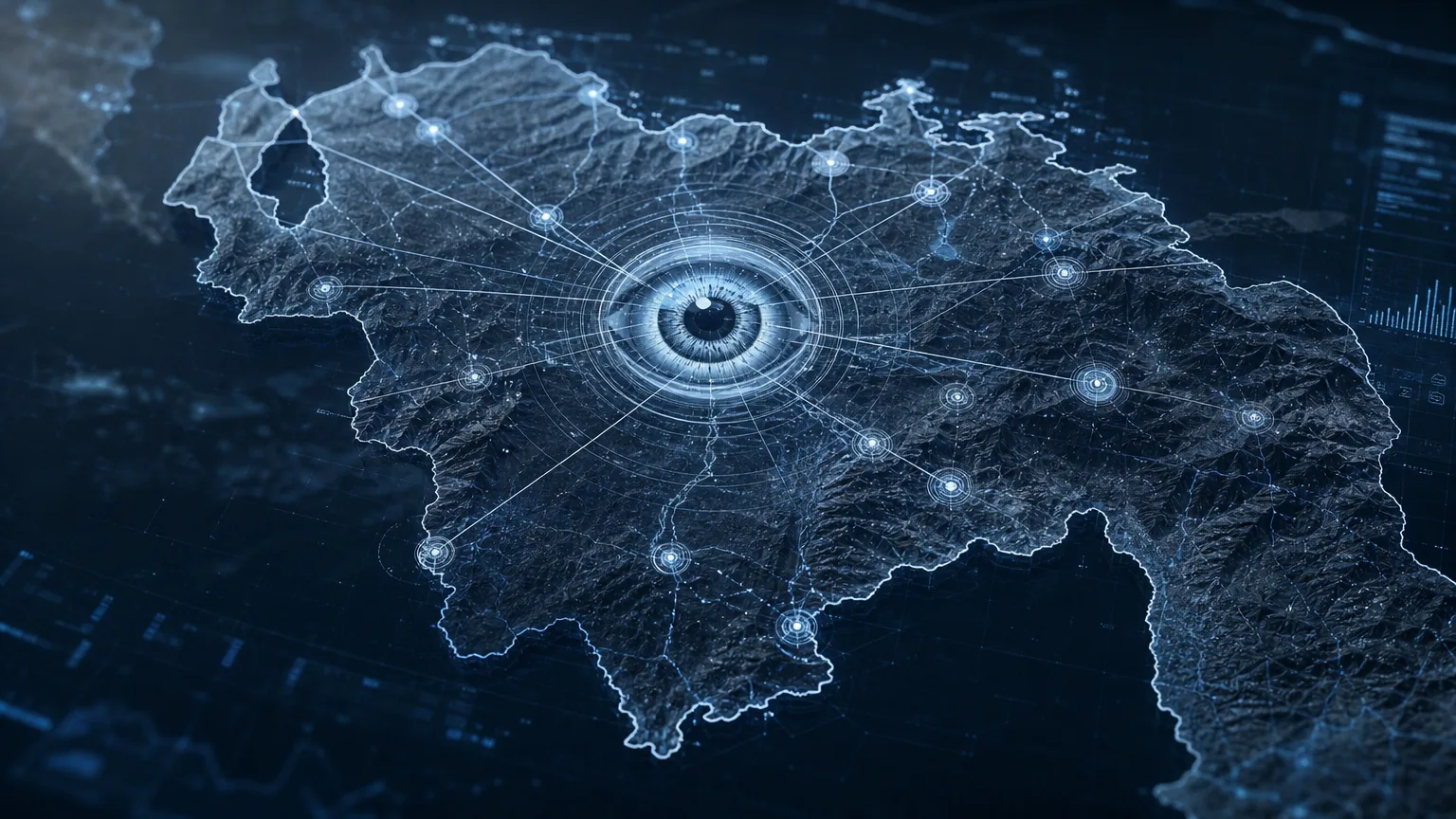 Representación conceptual de un ojo vigilante digital, simbolizando la inteligencia artificial de Estados Unidos analizando el mapa de Venezuela con símbolos de estabilidad y cambio.