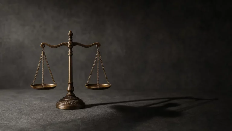 Imagen conceptual sobria que representa el fin de una era de terrorismo, con un elemento simbólico de justicia o el paso del tiempo, sin mostrar personas reales o escenas violentas.