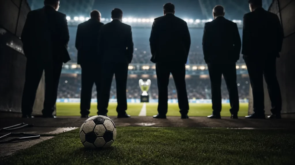 Balón de fútbol en un túnel de estadio con directivos anónimos observando el campo