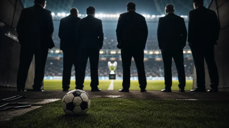 Balón de fútbol en un túnel de estadio con directivos anónimos observando el campo