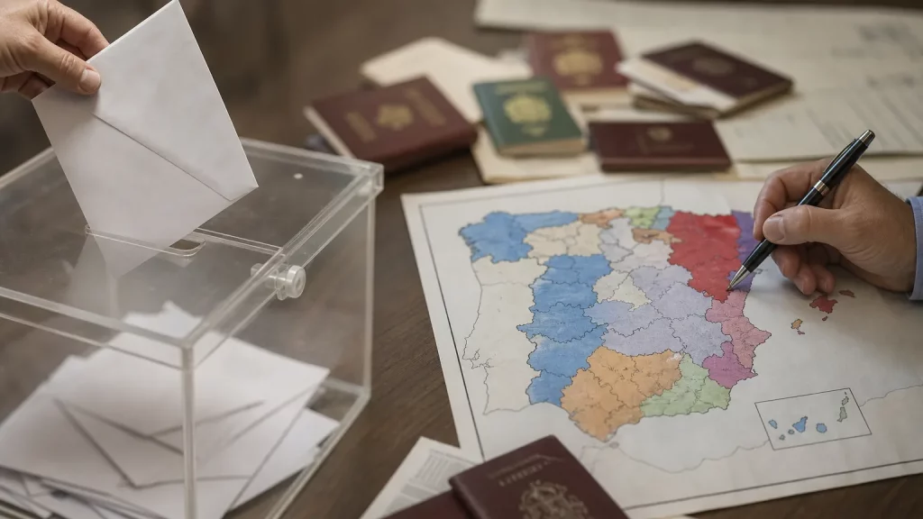 Manos manipulando sobres de votos CERA con el fondo de un mapa electoral de España, simbolizando el fraude en el censo.