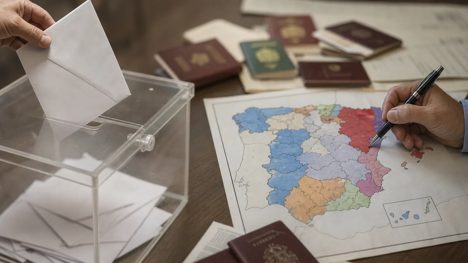 Manos manipulando sobres de votos CERA con el fondo de un mapa electoral de España, simbolizando el fraude en el censo.