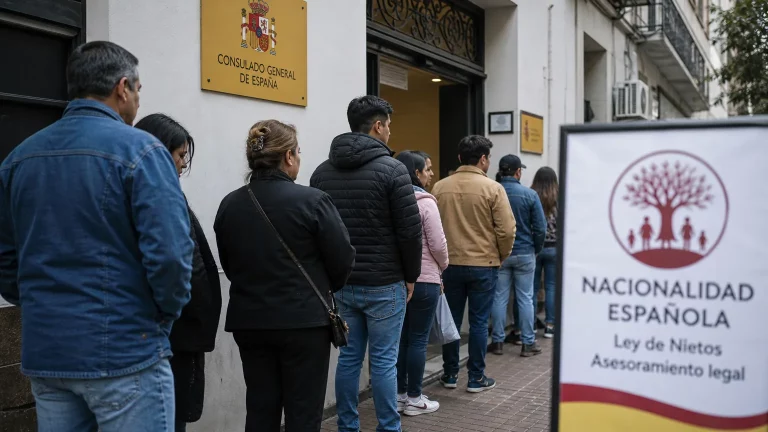 Ciudadanos haciendo cola en un consulado para trámites de nacionalidad, con un cartel difuminado que sugiere 'Ley de Nietos'