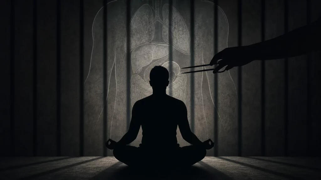 Composición editorial sobria: silueta de una persona meditando, con elementos gráficos que sugieren opresión y la forma de órganos, simbolizando la persecución de Falun Gong y la extracción forzada de órganos en China.