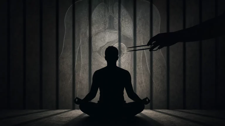 Composición editorial sobria: silueta de una persona meditando, con elementos gráficos que sugieren opresión y la forma de órganos, simbolizando la persecución de Falun Gong y la extracción forzada de órganos en China.