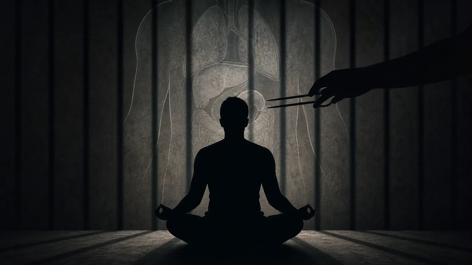 Composición editorial sobria: silueta de una persona meditando, con elementos gráficos que sugieren opresión y la forma de órganos, simbolizando la persecución de Falun Gong y la extracción forzada de órganos en China.