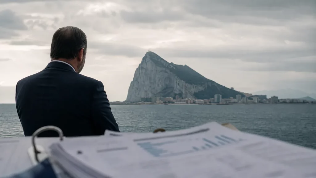 Pedro Sánchez y José Manuel Albares sonriendo, con el Peñón de Gibraltar al fondo, simbolizando el acuerdo fronterizo. Composición editorial.