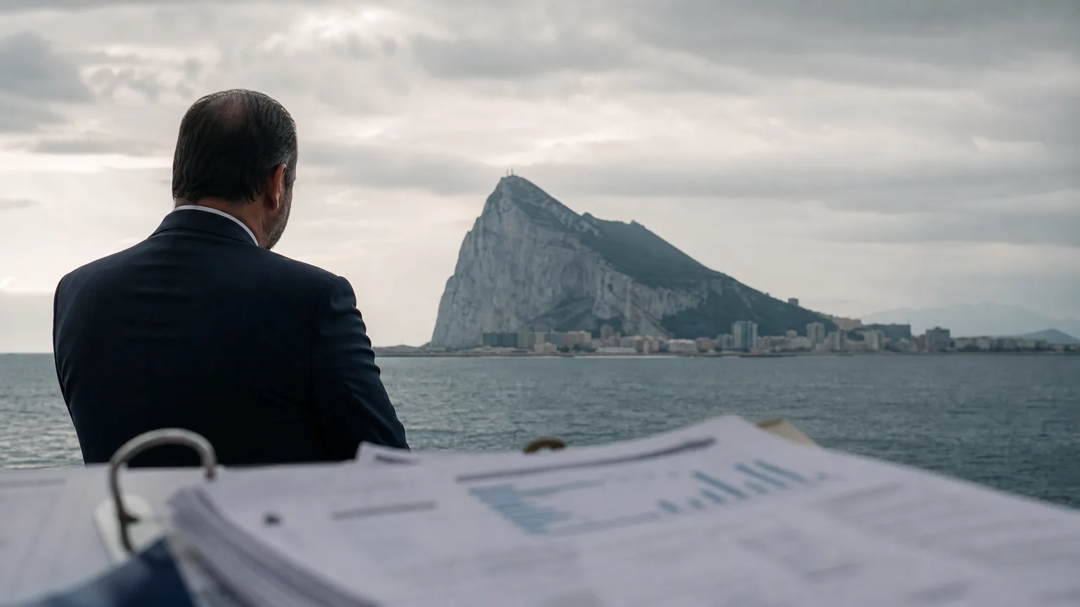 Pedro Sánchez y José Manuel Albares sonriendo, con el Peñón de Gibraltar al fondo, simbolizando el acuerdo fronterizo. Composición editorial.