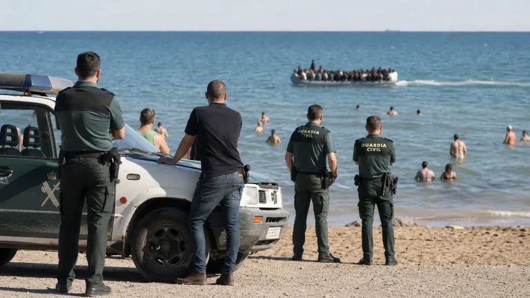 Guardia Civil observando la llegada de pateras a la costa de Murcia, con bañistas en segundo plano