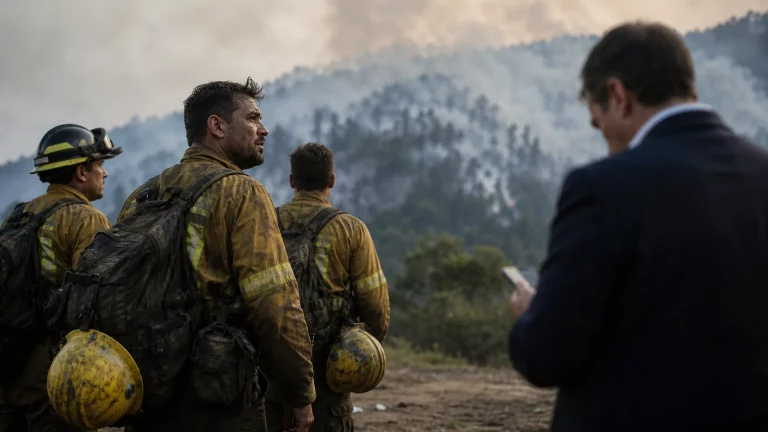 Un grupo de bomberos, con sus trajes de faena y rostros cansados, miran hacia un bosque aún humeante. En un segundo plano, de espaldas y desenfocado, se distingue la silueta de un político consultando un teléfono móvil.