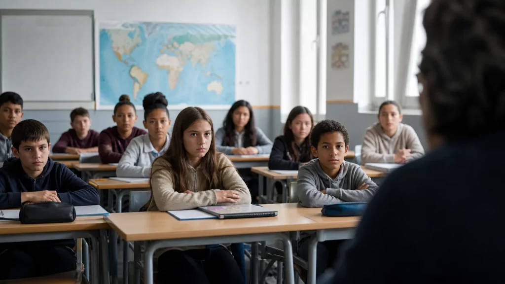 Composición editorial sobria de un aula escolar en España, con niños y niñas de diversas procedencias sentados. Un profesor, con el rostro parcialmente oculto o de espaldas, está en la pizarra, simbolizando la falta de transparencia en el control pedagógico.