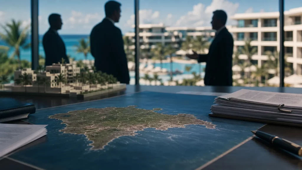 Mapa de República Dominicana con documentos societarios y referencias a un complejo turístico de lujo