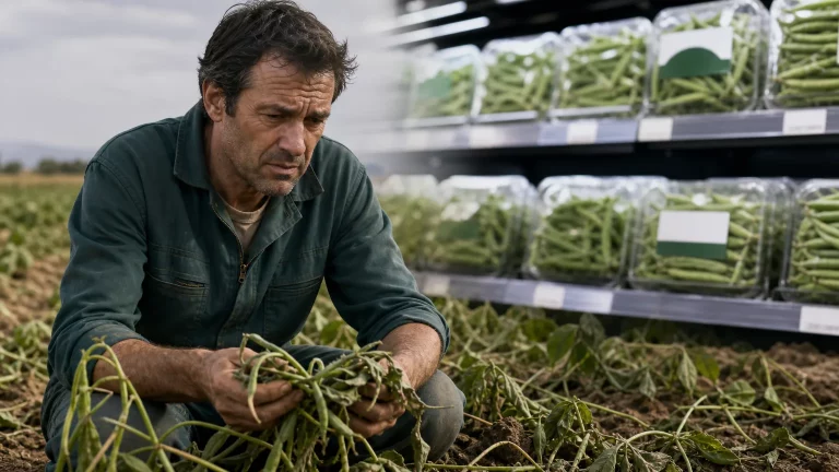Agricultores españoles, con rostros preocupados, observan un campo de cultivo de judías verdes en Almería mientras un camión con productos etiquetados de forma ambigua se aleja en el horizonte.