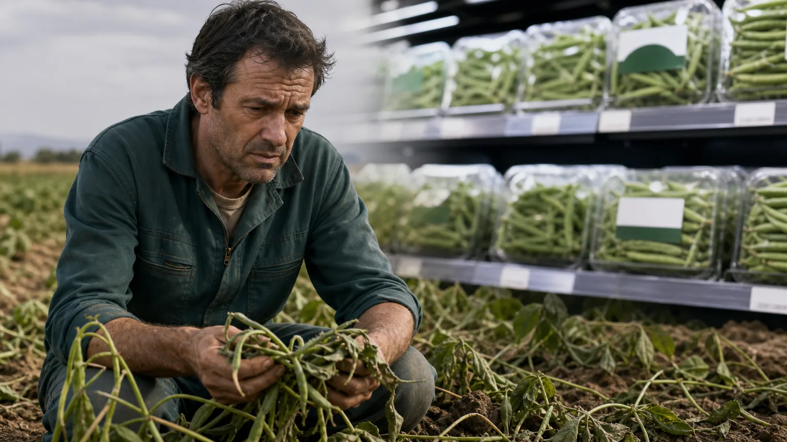 Agricultores españoles, con rostros preocupados, observan un campo de cultivo de judías verdes en Almería mientras un camión con productos etiquetados de forma ambigua se aleja en el horizonte.