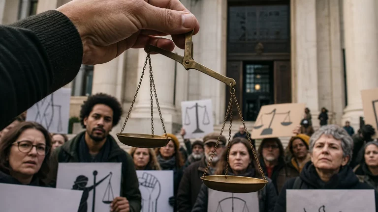 Silueta de una balanza de la justicia desequilibrada, con documentos judiciales en el plato más bajo y personas de espaldas protestando al fondo, simbolizando una sentencia política.