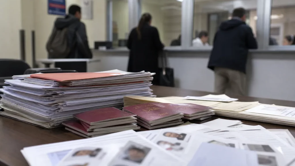 Documentos de nacionalidad española y papeletas electorales sobre una mesa institucional