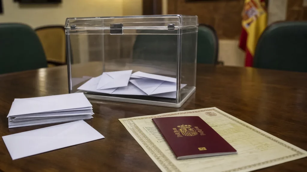 Urna electoral junto a documentos de nacionalidad española como representación del debate sobre el censo y el voto exterior