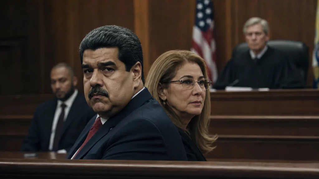 Composición editorial sobria: siluetas de Nicolás Maduro y Cilia Flores en un estrado judicial, con un juez o fiscales en segundo plano, en un ambiente que sugiere un tribunal de Nueva York.
