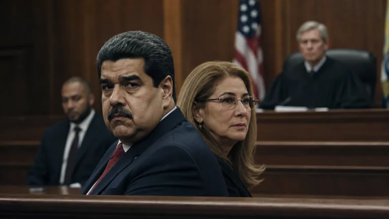 Composición editorial sobria: siluetas de Nicolás Maduro y Cilia Flores en un estrado judicial, con un juez o fiscales en segundo plano, en un ambiente que sugiere un tribunal de Nueva York.